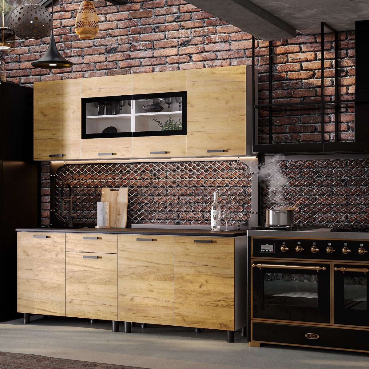 Кухонный гарнитур "Абрау" (2,0м) Белый/Дуб Золотой/Черный